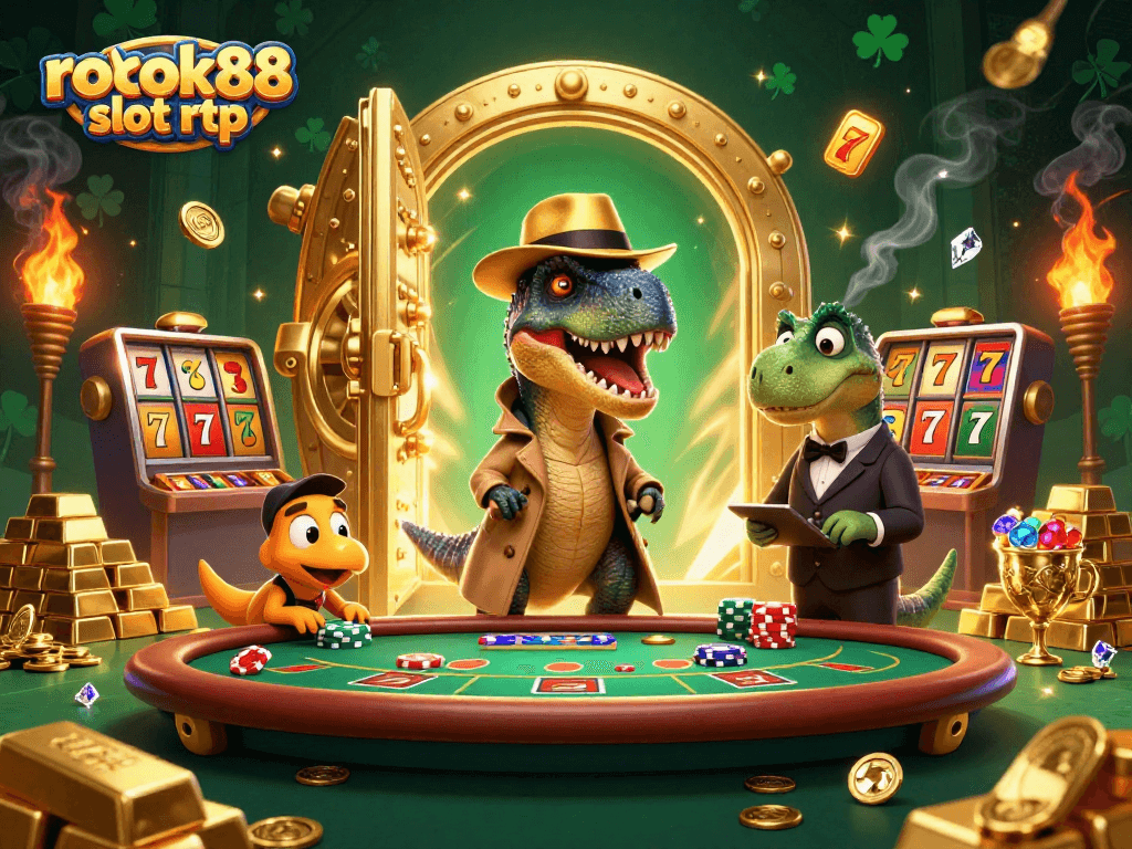 Experience the thrill of rokok88 slot rtp with a dynamic casino scene filled with excitement and valuable treasures.