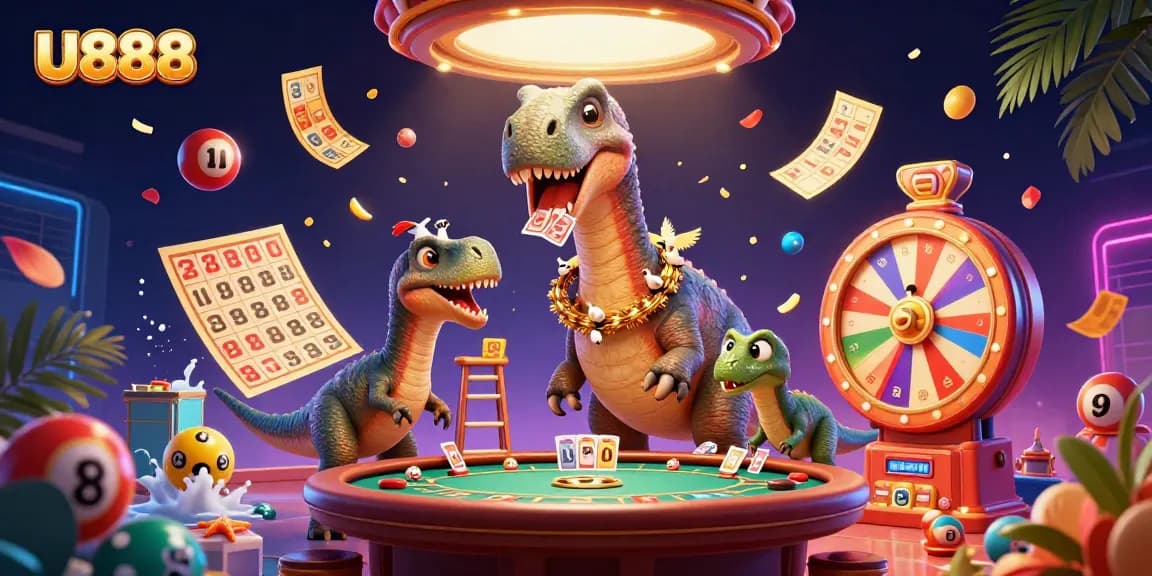 Play your luck with U888 at this vibrant casino scene featuring cartoon dinosaurs and dynamic lottery elements.