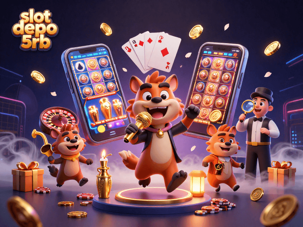 Experience exciting fun with slot depo 5rb as cartoon hyenas entertain in a vibrant casino setting.