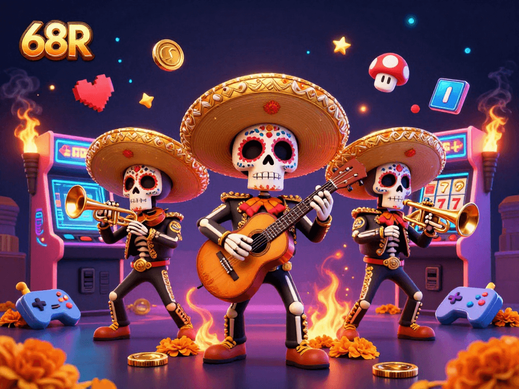 Jogue no 68R com uma banda de mariachi esquelética em uma ilustração vibrante de cassino.