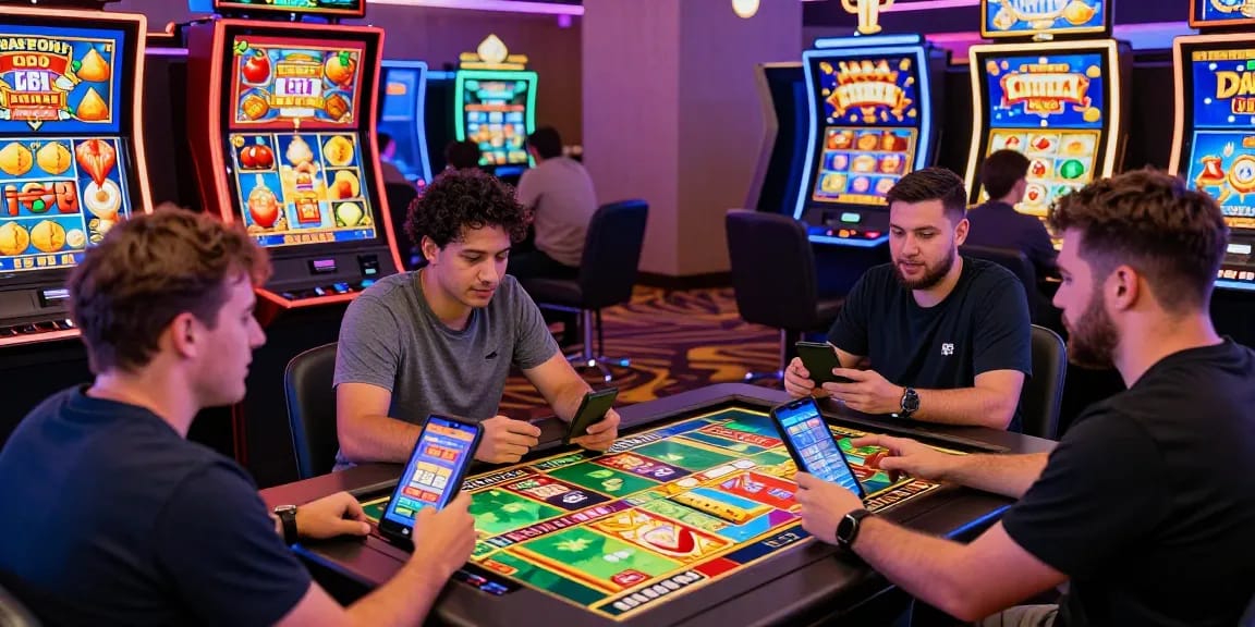 Pengguna menjelajahi situs slot gacor dengan antusias di perangkat mobile, dikelilingi mesin slot berwarna-warni dan suasana ceria.