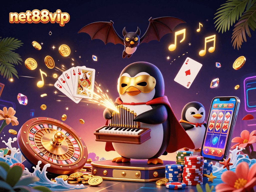 Experience the excitement of net88vip with a vibrant casino illustration featuring winning moments and dynamic gaming elements.