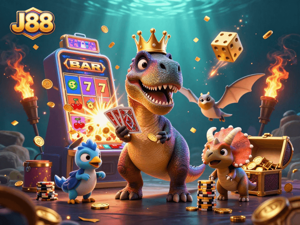 Experience J88 with a fun-loving T-Rex shuffling cards, dynamic slot machine, and vibrant casino elements.