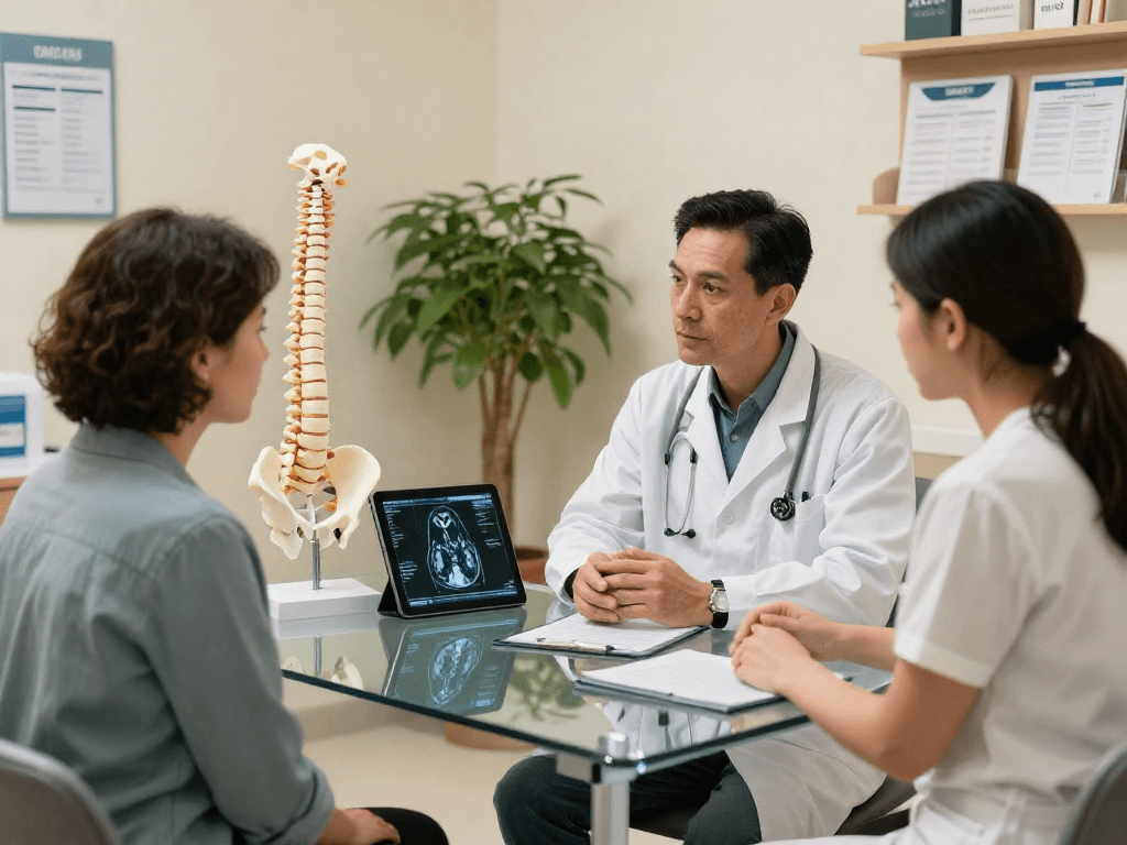 Boyun fıtığı ameliyatı consultation in a modern clinic with an orthopedic surgeon.