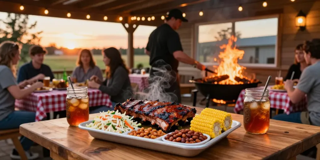 Experience the best barbecue restaurant in Alberta with grilled ribs and vibrant sides.