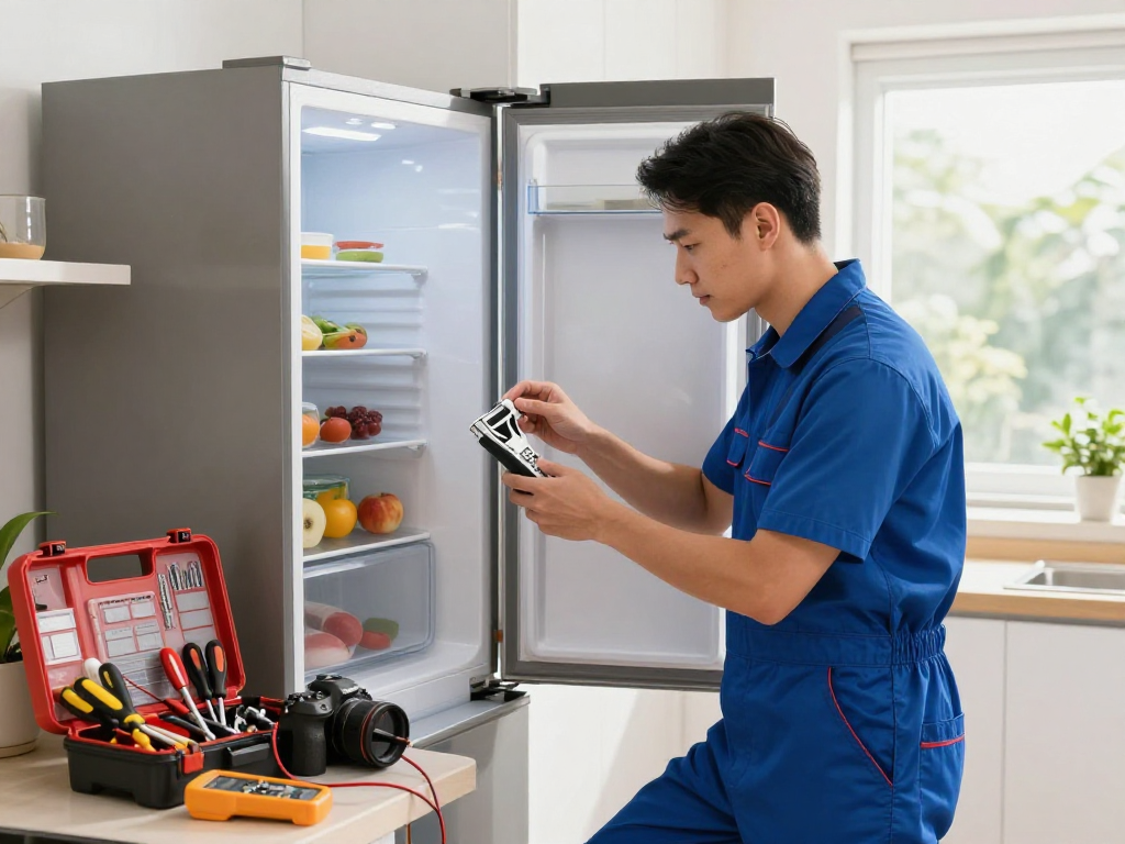 Technician performing refrigerator repair in a bright kitchen with tools and food items visible.