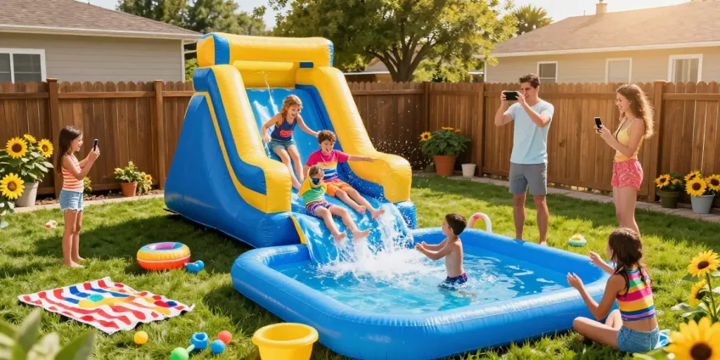 Children enjoying a vibrant inflatable slide water slide in a sunny backyard pool.