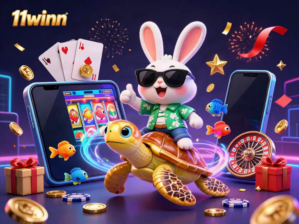 Experience the thrill of 11winn with a lucky rabbit and golden turtle in a vibrant casino scene.