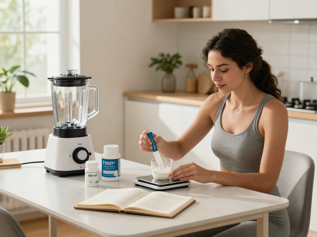 BPC 157 benefits showcasing a wellness enthusiast preparing buccal strips for advanced delivery of nutrients in a bright, modern kitchen.