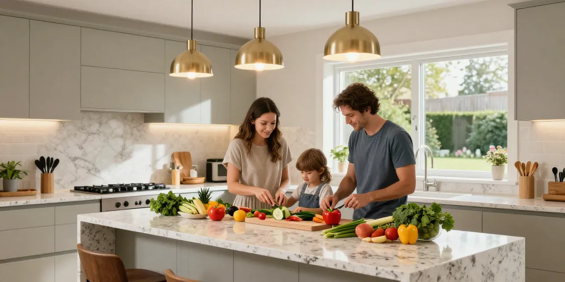 Quartz countertops Hamilton showcased in a stylish kitchen with fresh ingredients and family cooking.
