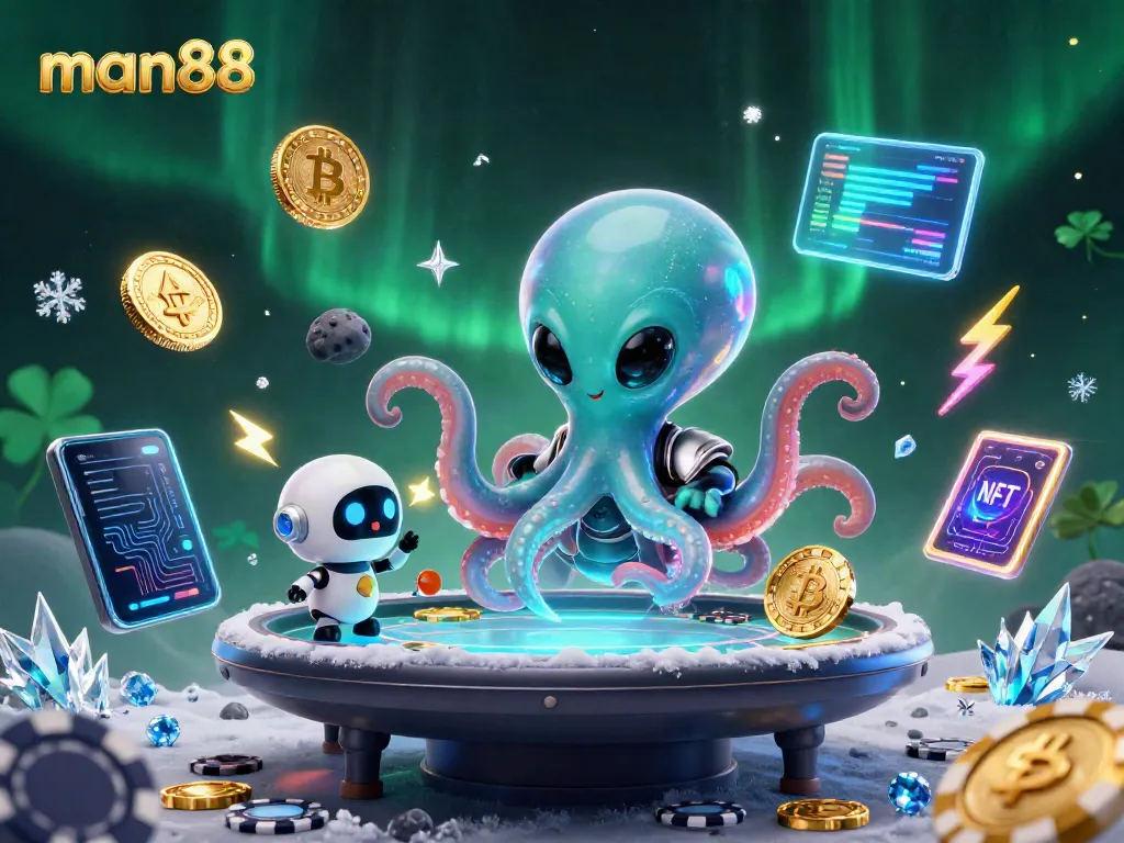 Join man88 for thrilling poker action with a space-themed alien octopus and glowing crypto coins.