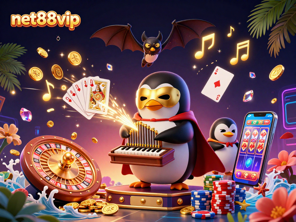 Experience the excitement of net88vip with a vibrant casino illustration featuring winning moments and dynamic gaming elements.