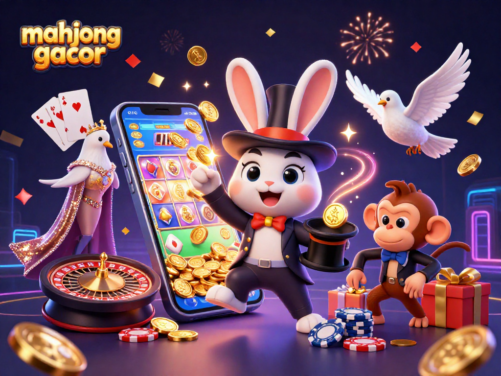 Experience the excitement of mahjong gacor with a magician rabbit, dove, and monkey in a vibrant casino scene.