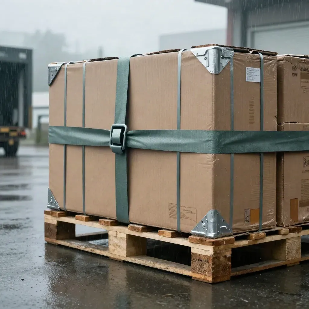 Sealed export pallet of kraft cartons cinched on wet concrete in a rain-dark loading bay.