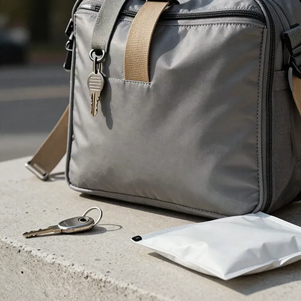 Insulated parcel tote, key fob, strap, and sealed pouch on pale concrete in moody light