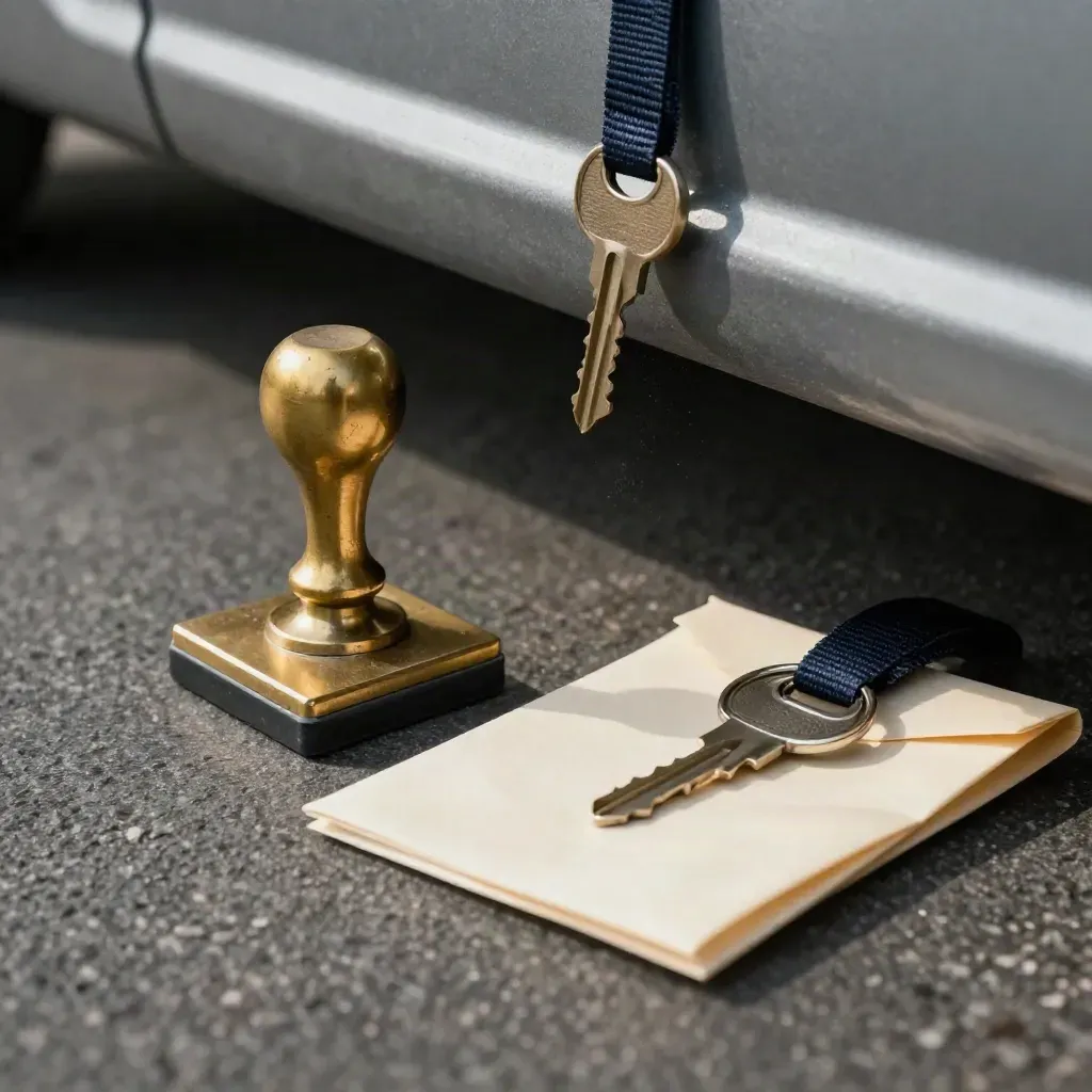 Customs seal, stamp pad, sealed pouch and freight key ring on dark stone under dramatic light.
