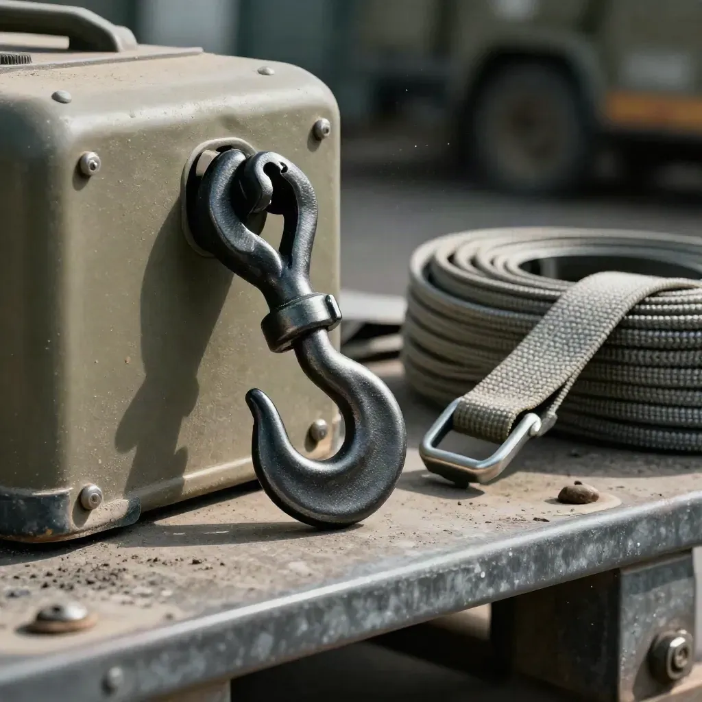 Macro of a tightened load binder hook, pallet edge guards, and coiled strap on brushed metal.