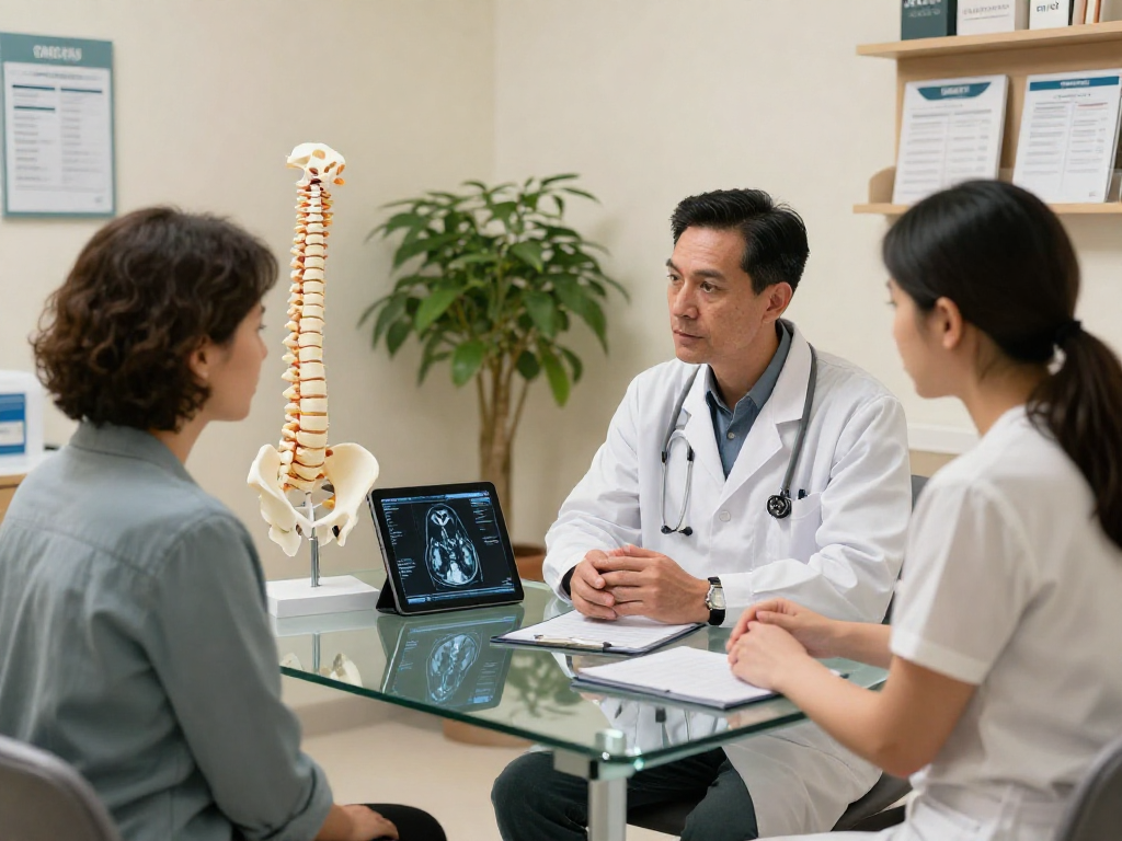 Boyun fıtığı ameliyatı consultation in a modern clinic with an orthopedic surgeon.