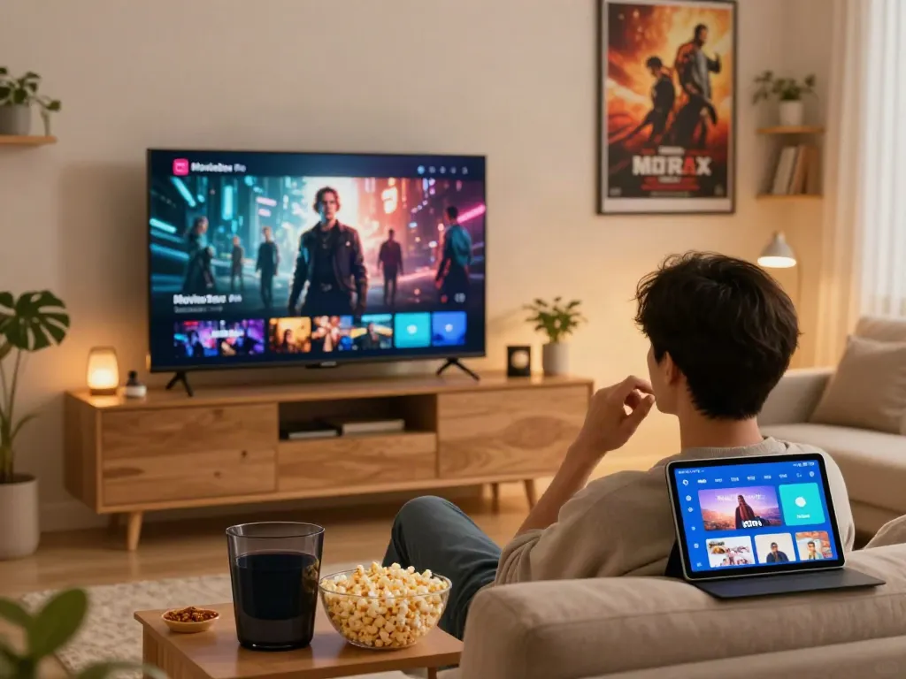 Experience moviebox download with a relaxed user watching on a smart TV