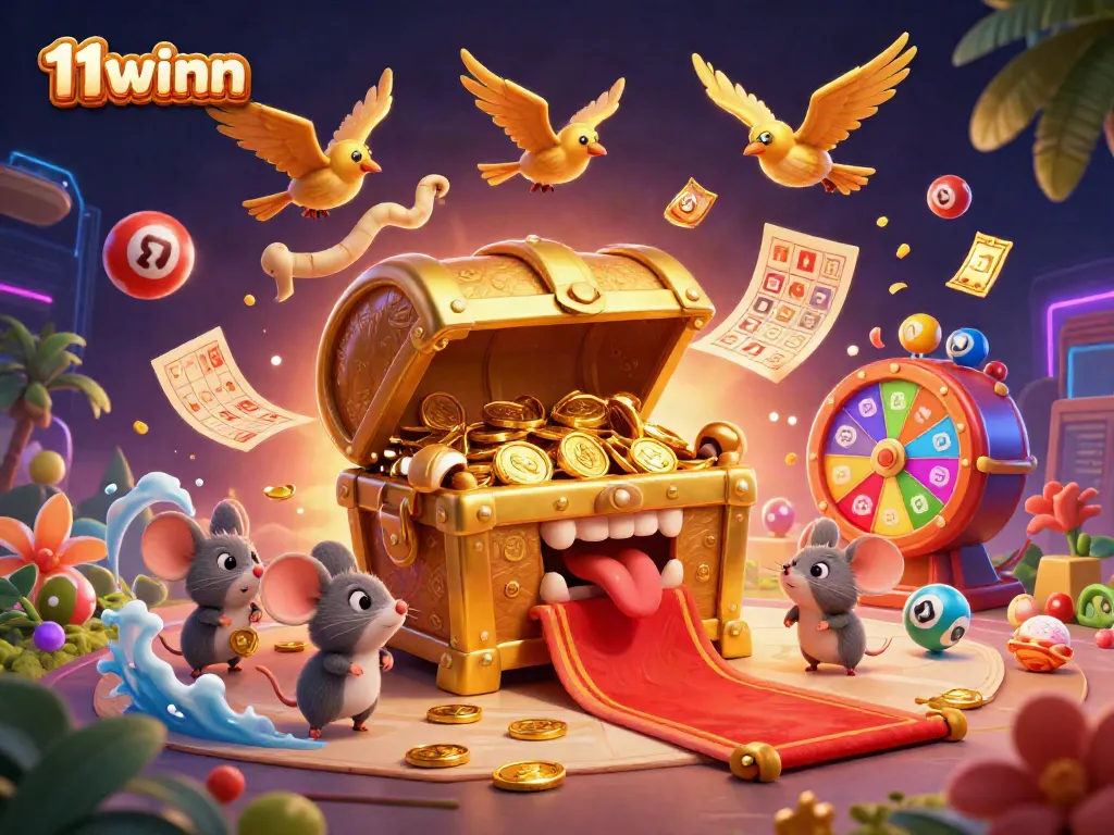 Engage with thrilling entertainment at 11winn featuring colorful lottery elements and a treasure chest.