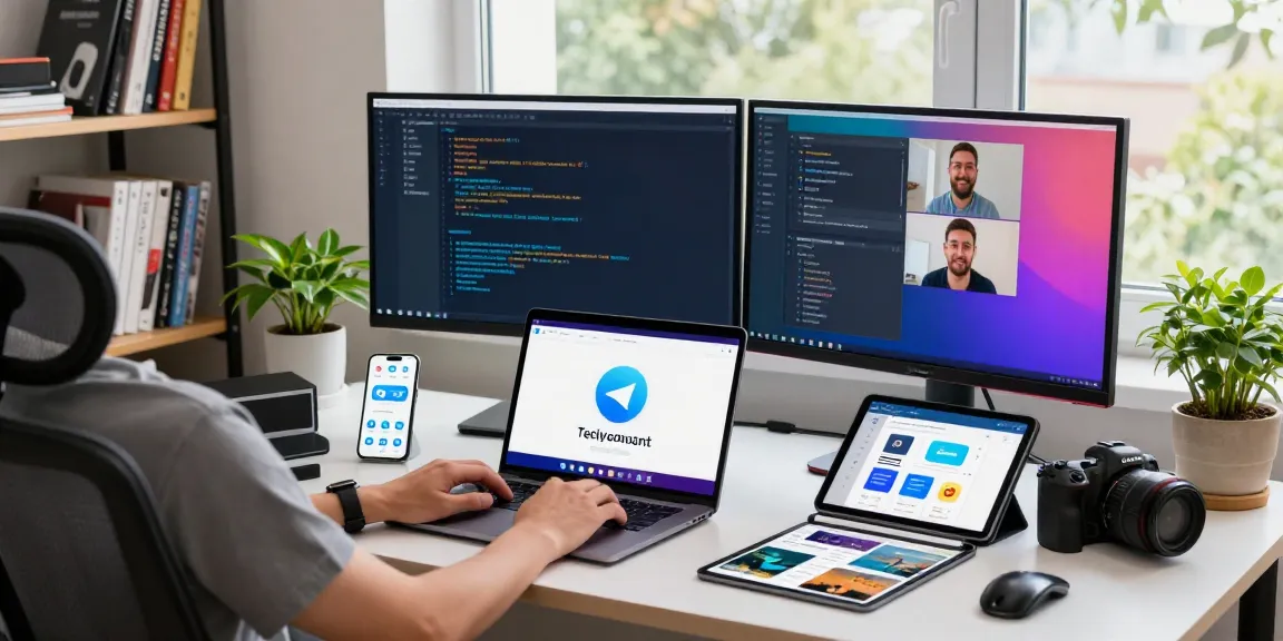Experience seamless communication with Telegram download in a modern tech workspace featuring a developer at their laptop.