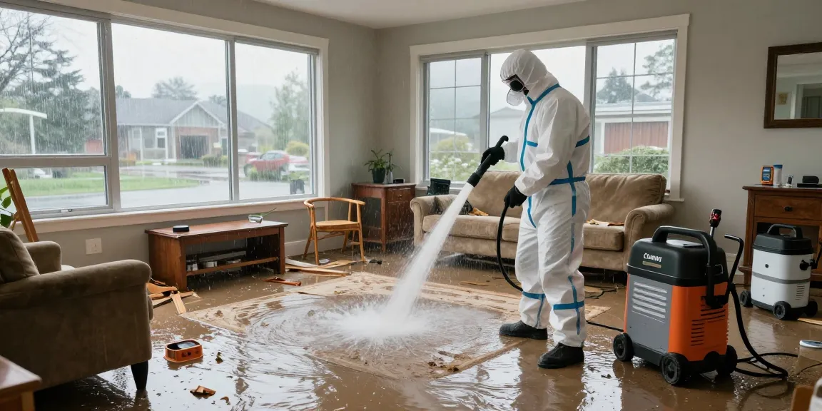 Water Damage Restoration West Vancouver, technician extracting water from a flooded living room with professional equipment during an emergency.