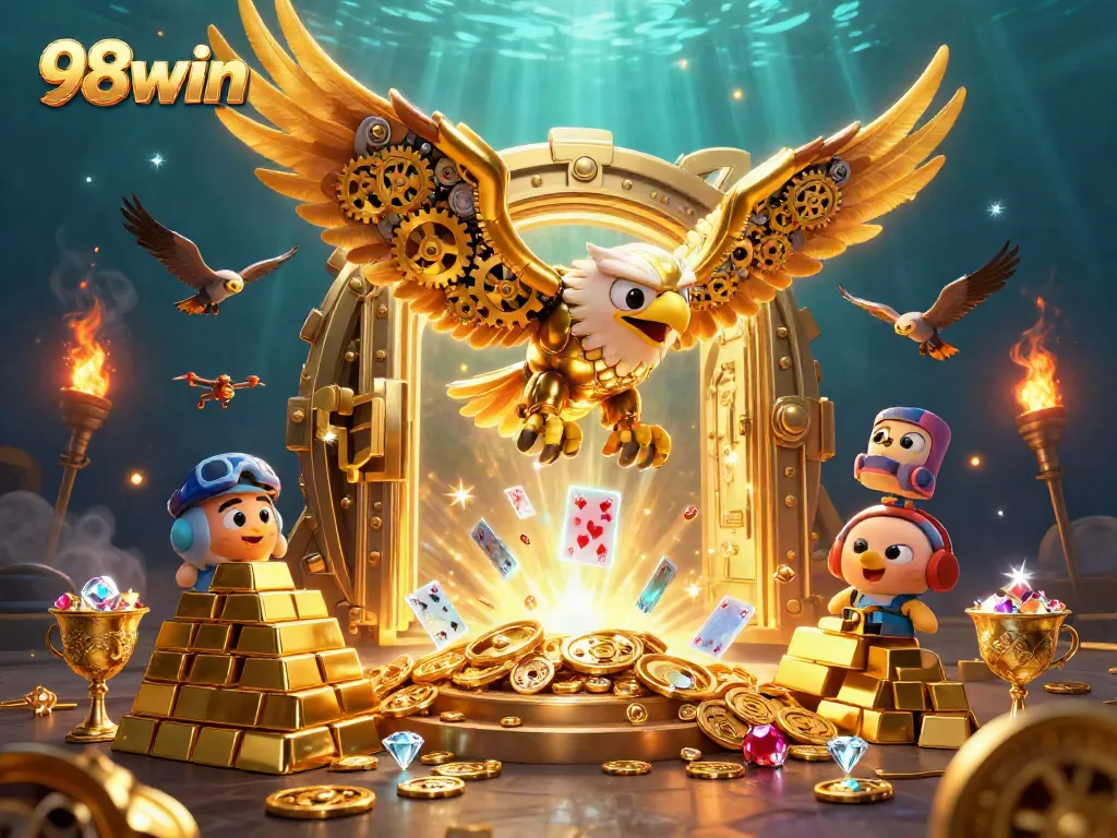Experience thrilling wins at 98win as a golden eagle dives through holographic cards and treasures.